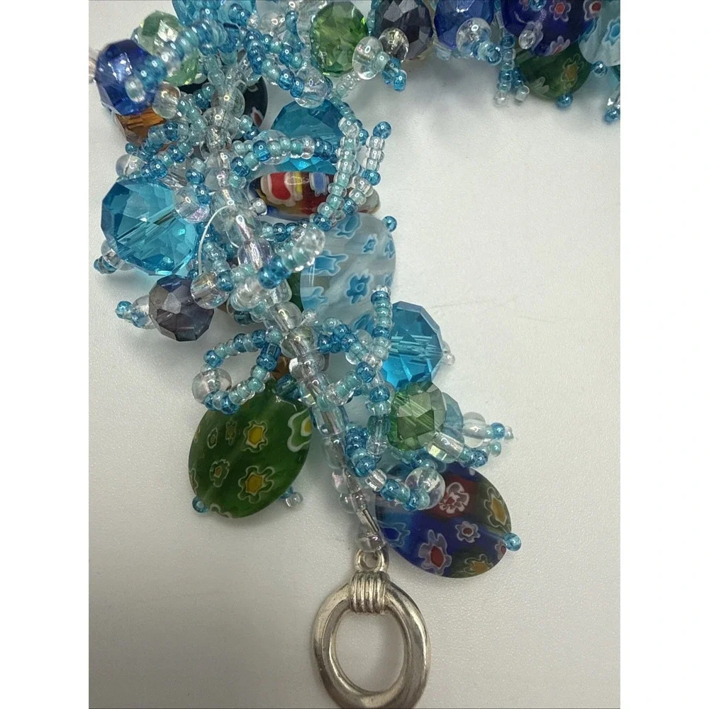 Vintage Murano Millefiori Glass Bead Cluster Bracelet Shaggy Loop Boho Teal Blue